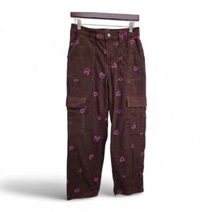 PacSun Brown Corduroy Cargo Pants with Pink Heart Pattern Womens Size Medium/28